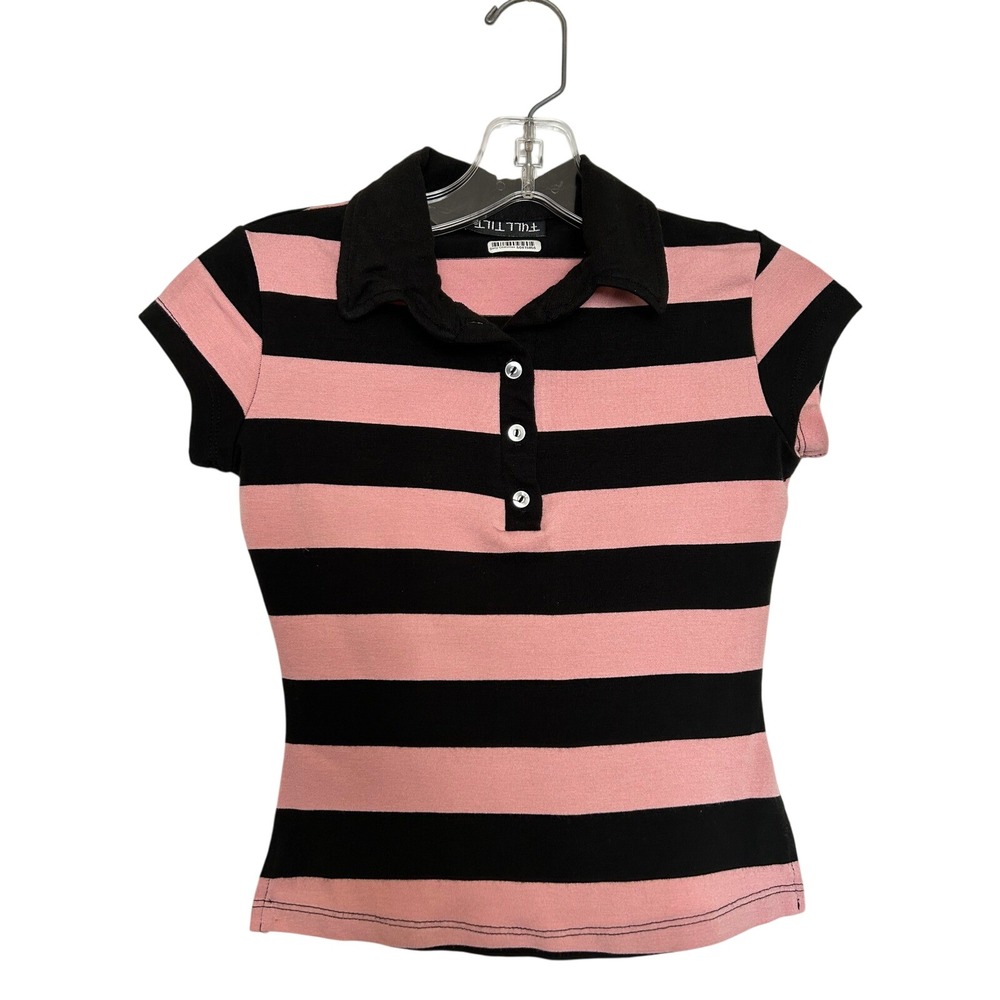 Full Tilt Y2K Vintage Pink Black Striped Baby Tee Polo Shirt XS Mall Goth SONY